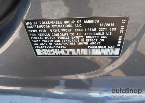 2017 Volkswagen Passat 1.8T S z USA, uszkodzony, nr VIN 1VWAT7A30HC039434